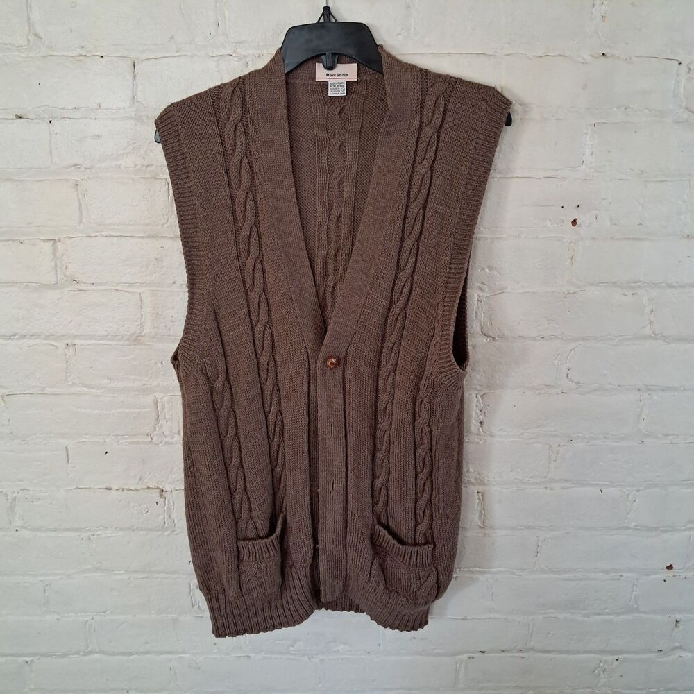 Vintage Mark Shale 100% Wool Brown Cableknit Cardigan Vest Sweater Brown Mens L
